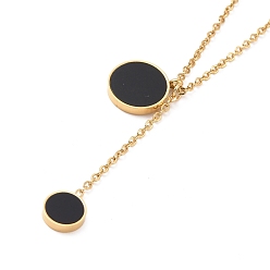 Golden Black Synthetic Shell Flat Round Pendant Lariat Necklace, Ion Plating(IP) 304 Stainless Steel Jewelry for Women, Golden, 15.94 inch(40.5cm)
