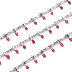 Red Handmade Enamel Beaded Chains, with Brass Curb Chains, Soldered, with Spool, Long-Lasting Plated, Real Platinum Plated, Red, 5.5x1.5~2mm, about 32.8 Feet(10m)/roll