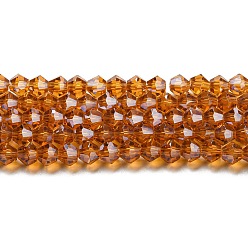 Dark Orange Transparent Electroplate Glass Beads Strands, Pearl Luster Plated, Faceted, Bicone, Dark Orange, 4x4mm, Hole: 0.8mm, about 87~98pcs/strand, 12.76~14.61 inch(32.4~37.1cm)