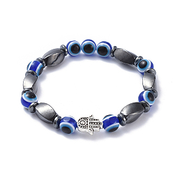 Bleu Mauvais oeil perles de résine bracelets extensibles, avec des billes d'hématite synthétiques non magnétiques et des billes d'alliage tibétain, hamsa main / main de fatima / main de miriam, bleu, 2-1/4 pouce (5.7 cm)
