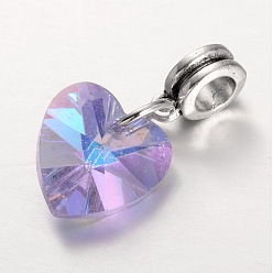 Lilac Large Hole Alloy European Dangle Charms, with Electroplated Glass Heart Pendants, Antique Silver, Lilac, 25mm, Hole: 5mm
