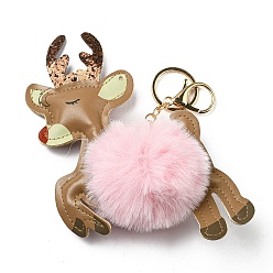 Pink Porte-clés pendentif en imitation fourrure de lapin rex et cuir pu, renne de noël, avec fermoir en alliage, pour décoration de pendentif de voiture de sac, rose, 15 cm