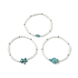 Turquoise 3 pcs 3 ensemble de bracelets extensibles en perles de verre et turquoise synthétique de style, ronde, étoile de mer et tortue, turquoise, diamètre intérieur: 2-3/8 pouce (6 cm), 1 pc / style