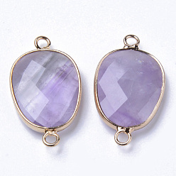 Amethyst Natural Amethyst Links Connectors, with Light Gold Plated Edge Brass Loops, Oval, Faceted, 30.5~31.5x17.5x5~6mm, Hole: 2mm