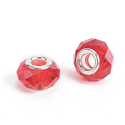 Rouge Verre à facettes perles européennes, Perles avec un grand trou   , avec de l'argent âme en laiton de tonalité, rondelle, rouge, 13.5~14x8.5~9mm, Trou: 5mm