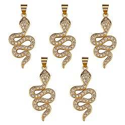 Golden 5Pcs Brass Micro Pave Cubic Zirconia Pendants, Long-Lasting Plated, Snake, Clear, Golden, 14.5x30.5x3mm, Hole: 4x3.5mm
