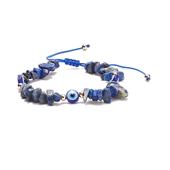 Lapis Lazuli Natural Lapis Lazuli Chips & Resin Evil Eye Braided Bead Bracelet, Gemstone Adjustable Bracelet for Women, Inner Diameter: 2~3-1/2 inch(5~9cm)