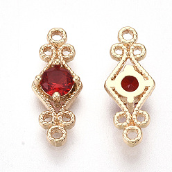 Red Golden Tone Brass Links Connectors, with Glass, Rhombus, Red, 16x6.5x3.5mm, Hole: 1mm