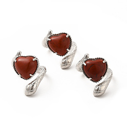 Jaspe Rouge Coeur de jaspe rouge naturel avec anneau de manchette ouvert serpent, bijoux en laiton platine pour femme, taille us 8 1/2 (18.5 mm)
