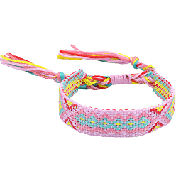 Pearl Pink Polyester-cotton Braided Rhombus Pattern Cord Bracelet, Ethnic Tribal Adjustable Brazilian Bracelet for Women, Pearl Pink, 5-7/8~11 inch(15~28cm)