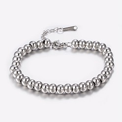 Stainless Steel Color 304 Stainless Steel Bracelets with 201 Stainless Round Beads, with Lobster Claw Clasps, Stainless Steel Color, 6-3/4 inch(170mm), 6mm