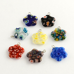 Mixed Color Handmade Millefiori Glass Pendants with Platinum Plated Iron Findings, Flower, Mixed Color, 21x18x4mm, Hole: 2mm
