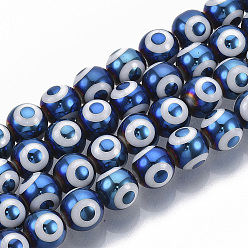 AceroAzul Abalorios de vidrio electrochapa, redondo con patrón de mal de ojo, acero azul, 8x7.5 mm, agujero: 1.2 mm, sobre 40 unidades / cadena, 12.2 pulgada