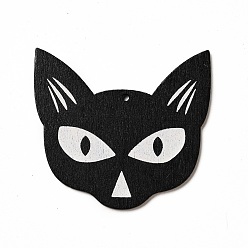 Cat Shape Grands pendentifs en bois imprimé simple face, charmes d'halloween, noir, forme de chat, 61x63.5x2.5mm, Trou: 3mm