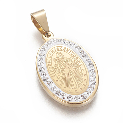 Golden 304 Stainless Steel Pendants, with Polymer Clay Rhinestone, Oval with Jesus & Word God's Compassion, Golden, 26x17x3mm, Hole: 4x6mm