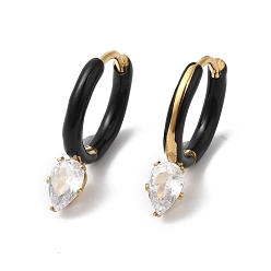 Black Glass Teardrop Dangle Hoop Earrings with Enamel, Real 14K Gold Plated 304 Stainless Steel Jewelry, Black, 20x15x4.5mm, Pin: 1mm