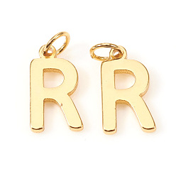 Letter R Brass Charms, with Jump Rings, Letter, Real 18K Gold Plated, Letter.R, R: 10x5.5x1mm, Hole: 2.5mm