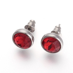 Light Siam 304 Stainless Steel Stud Earrings, with Rhinestone, Flat Round, Light Siam, 10x6mm, Pin: 0.9mm
