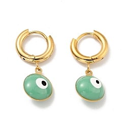 Medium Sea Green Enamel Evil Eye Dangle Hoop Earrings, Gold Plated 304 Stainless Steel Jewelry for Women, Medium Sea Green, 28mm, Pin: 1mm