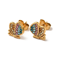 Colorful Rhinestone Butterfly Stud Earrings with 316 Surgical Stainless Steel Pins, Gold Plated 304 Stainless Steel Jewelry for Women, Colorful, 9x9mm, Pin: 0.7mm