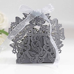 Gris Cajas de cartón de dulces de boda plegables creativas, pequeñas cajas de regalo de papel, mariposa hueca con cinta, gris, pliegue: 6.3x4x4 cm