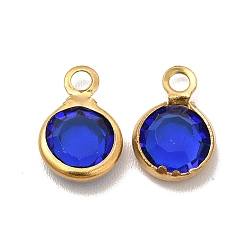 Blue Ion Plating(IP) 304 Stainless Steel with Glass Charms, Real 18K Gold Plated, Faceted Flat Round, Blue, 9.5x6.5x2mm, Hole: 1.5mm
