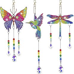 Mixed Color Butterfly/Humming Bird/Dragonfly DIY Diamond Painting Sun Catcher Kits, with Resin Rhinestones, Diamond Sticky Pen, Tray Plate and Glue Clay, Mixed Color, 96~100x65~100mm, 3pcs/set