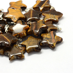 Tiger Eye Star Natural Tiger Eye Pendants, with Platinum Tone Brass Findings, 22~23x20~24x5~7mm, Hole: 2x7mm