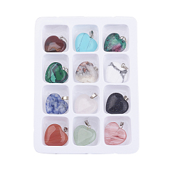 Mixed Stone Natural & Synthetic Mixed Gemstone Pendants, with Brass Clasps, Heart, 22x21x6mm, Hole: 6x2mm, 12pcs/box