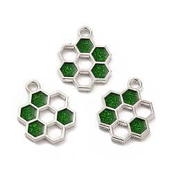 Green Alloy Enamel Pendants, Honeycomb Charm, Platinum, Green, 19x15x1.5mm, Hole: 2mm