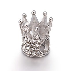 Cristal 304 inoxydable perles de style en acier européen, Perles avec un grand trou   , avec strass, couronne, couleur inox, cristal, 11x10mm, Trou: 4.5mm
