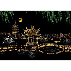 Building Scratch Rainbow Painting Art Paper, DIY Night View of the City Scratchboard, with Paper Card and Sticks, Building Pattern, 40.5x28.5cm, 2pcs/set