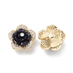 Black Brass Micro Pave Cubic Zirconia Beads, with Grade A Rhinestone & Resin, Lead Free & Cadmium Free, Long-Lasting Plated, Real 18K Gold Plated, Flower, Black, 18x11mm, Hole: 1mm