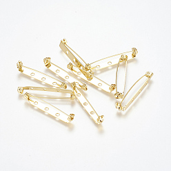 Real 18K Gold Plated Grade AAA Brass Brooch Findings, Back Bar Pins, with Three Holes, Cadmium Free & Nickel Free & Lead Free, Real 18K Gold Plated, 40x5x7mm, Hole: 2mm, Pin: 1mm