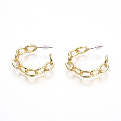 Golden Semicircular Brass Cable Chain Stud Earrings, Half Hoop Earrings, with 925 Sterling Silver Pin and Plastic Ear Nuts, Long-Lasting Plated, Golden, 30x6mm, Pin: 0.7mm