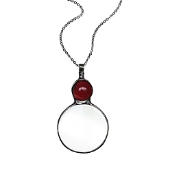 Rouge Foncé Collier pendentif loupe en alliage et verre rond plat pour femme, gris anthracite, rouge foncé, 31.50 pouce (80 cm)