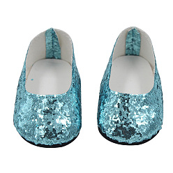 Turquoise Foncé Chaussures de poupée en tissu scintillant, pour 18 "accessoires de poupées american girl, turquoise foncé, 70x35x28mm