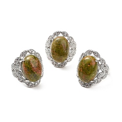 Unakite Natural Unakite Adjustable Rings, Platinum Tone Oval Brass Rings for Women, Cadmium Free & Lead Free, US Size 7 3/4(17.9mm), 3.5~5mm