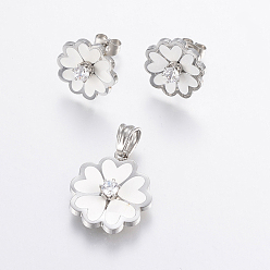 Stainless Steel Color 304 Stainless Steel Jewelry Sets, Pendants and Stud Earrings, with Enamel and Cubic Zirconia, Flower, Stainless Steel Color, 22x20x6mm, Hole: 7x5mm, 16x6mm, Pin: 0.8mm