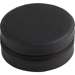 Negro Caja redonda plana con cremallera para guardar joyas de piel sintética, Estuche portátil para accesorios de almacenamiento de joyas de viaje, negro, 11x5 cm