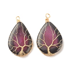 Orchid Natural Crackle Agate Pendants, Dyed, with Golden Tone Eco-Friendly Copper Wire Wrapped, Teardrop with Tree, Orchid, 49~52x31~32x9~11mm, Hole: 3.2~3.8mm