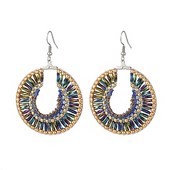 Colorful Glass Seed Braided Flat Round Dangle Earrings, 304 Stainless Steel Jewelry for Women, Colorful, 67mm, Pin: 0.7mm