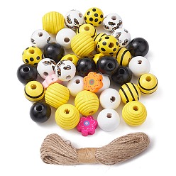 Couleur Mélangete Kit de fabrication de décoration de pendentif abeille bricolage, y compris des perles rondes et des fleurs en bois imprimé, corde de jute, couleur mixte, perles: 14.5~18x5~17 mm, Trou: 2~4.5mm, 70 pcs /sachet 