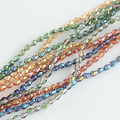 Mixed Color Electroplated Glass Bead Strands, Rainbow Plated, Faceted, teardrop, Mixed Color, 4~5x3~3.5mm, Hole: 1mm, about 100pcs/strand, 18.1 inch