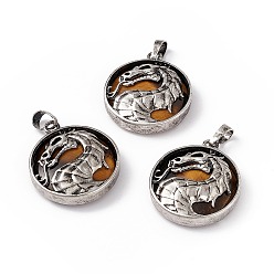 Tiger Eye Natural Tiger Eye Pendants, Flat Round Charms with Rack Plating Antique Silver Tone Brass Dragon, Cadmium Free & Lead Free, 32x28x7.5mm, Hole: 8.5x5mm