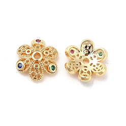 Real 18K Gold Plated Brass with Clear Cubic Zirconia Bead Caps, 6-Petal Flower, Real 18K Gold Plated, 10x9x3mm, Hole: 1.2mm
