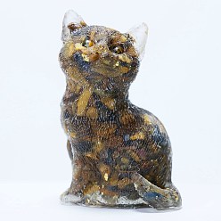 Ojo de Tigre Decoraciones de exhibición artesanales de resina y chip de ojo de tigre natural, estatuilla con forma de gato, para el hogar adorno de feng shui, 75x50x36 mm