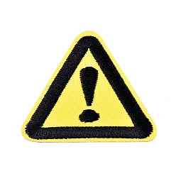 Amarillo Tela de bordado computarizada para planchar / coser parches, accesorios de vestuario, triángulo con señal de advertencia, advertencia de peligro, amarillo, 50.5x45.5x1.3 mm