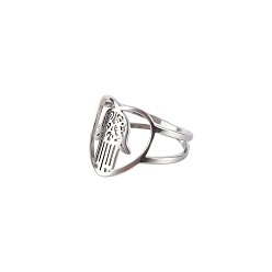 Color de Acero Inoxidable Corazón de acero inoxidable con anillo de mano de hamsa, anillo hueco ancho para mujer, color acero inoxidable, tamaño de EE. UU. 9 (18.9 mm)