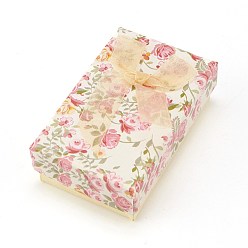 Vara de Oro Pálido Caja de embalaje de joyería de cartón con patrón de flores, 2 espacio, para pendientes de anillo, con lazo de cinta y esponja negra, Rectángulo, vara de oro pálido, 8x5x2.6 cm